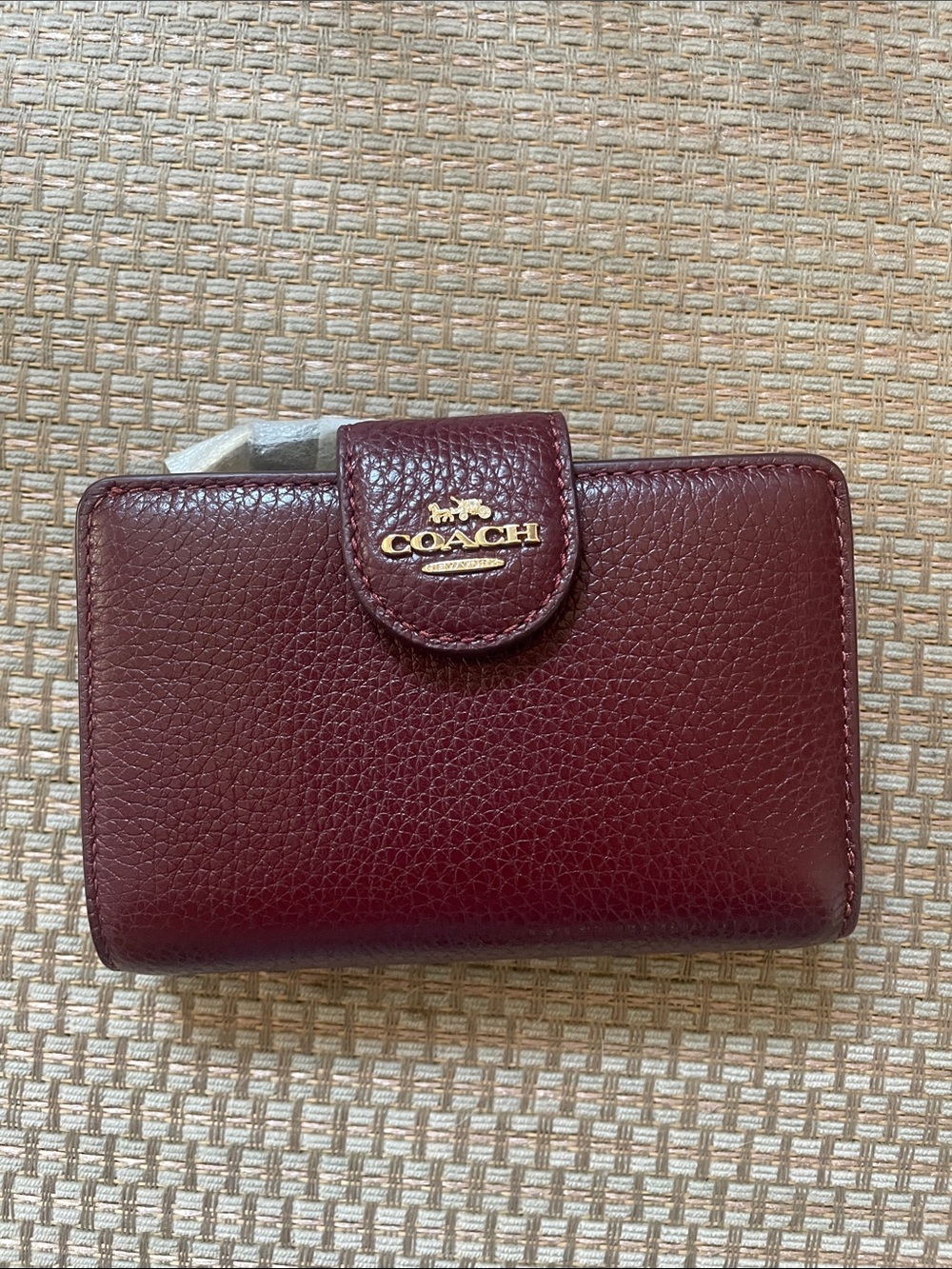 Coach Pebbled Leather Snap Wallet in Burgundy with Gold Logo